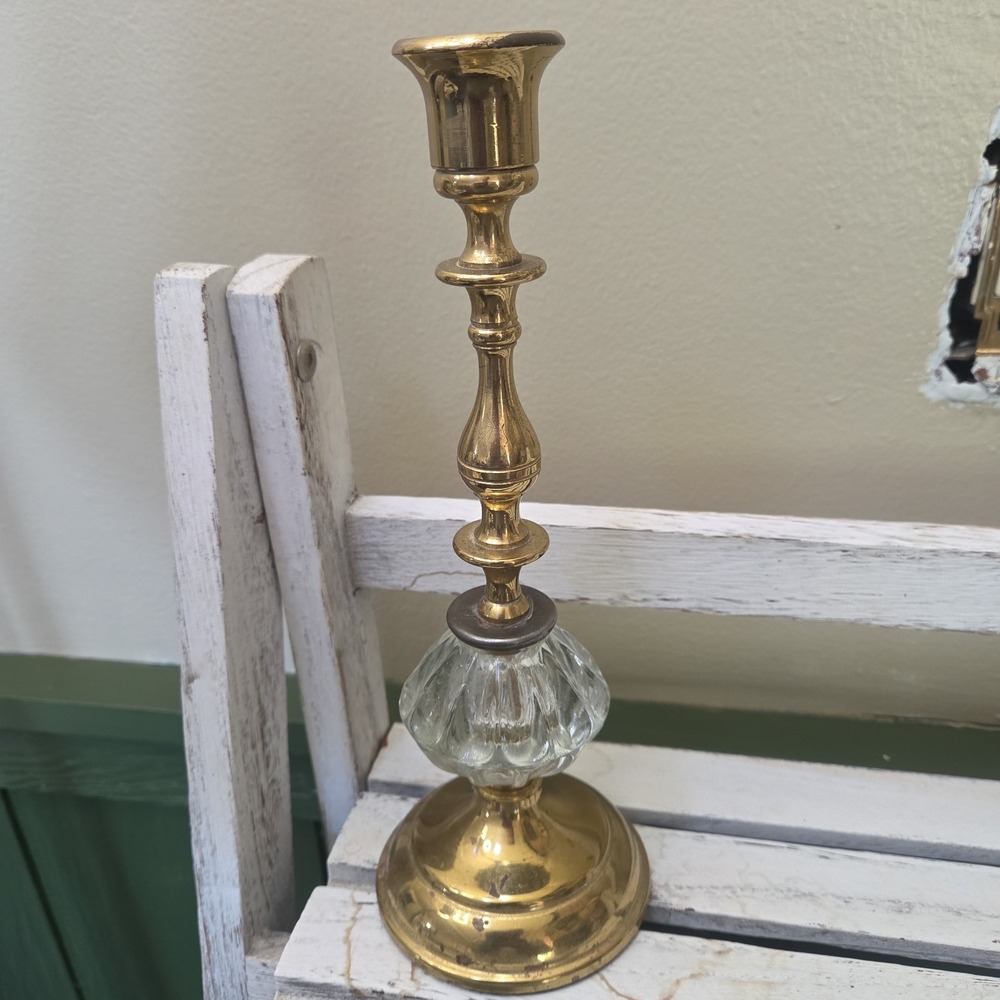 Vintage Hollywood Regency Cottage Core Brass Cut Glass Candle Holder